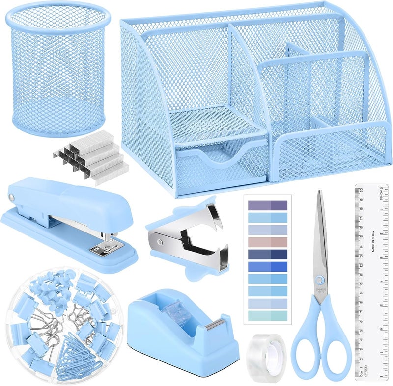 AuraRay 11 in 1 Blue Desk Organizer and Accessories, Blue Desk Accessories Light Blue Office Supplies Include Blue Stapler Blue Tape Dispenser Pen Holder Staple Remover Clips Ruler Scissors Tapes Tabs - Image 1